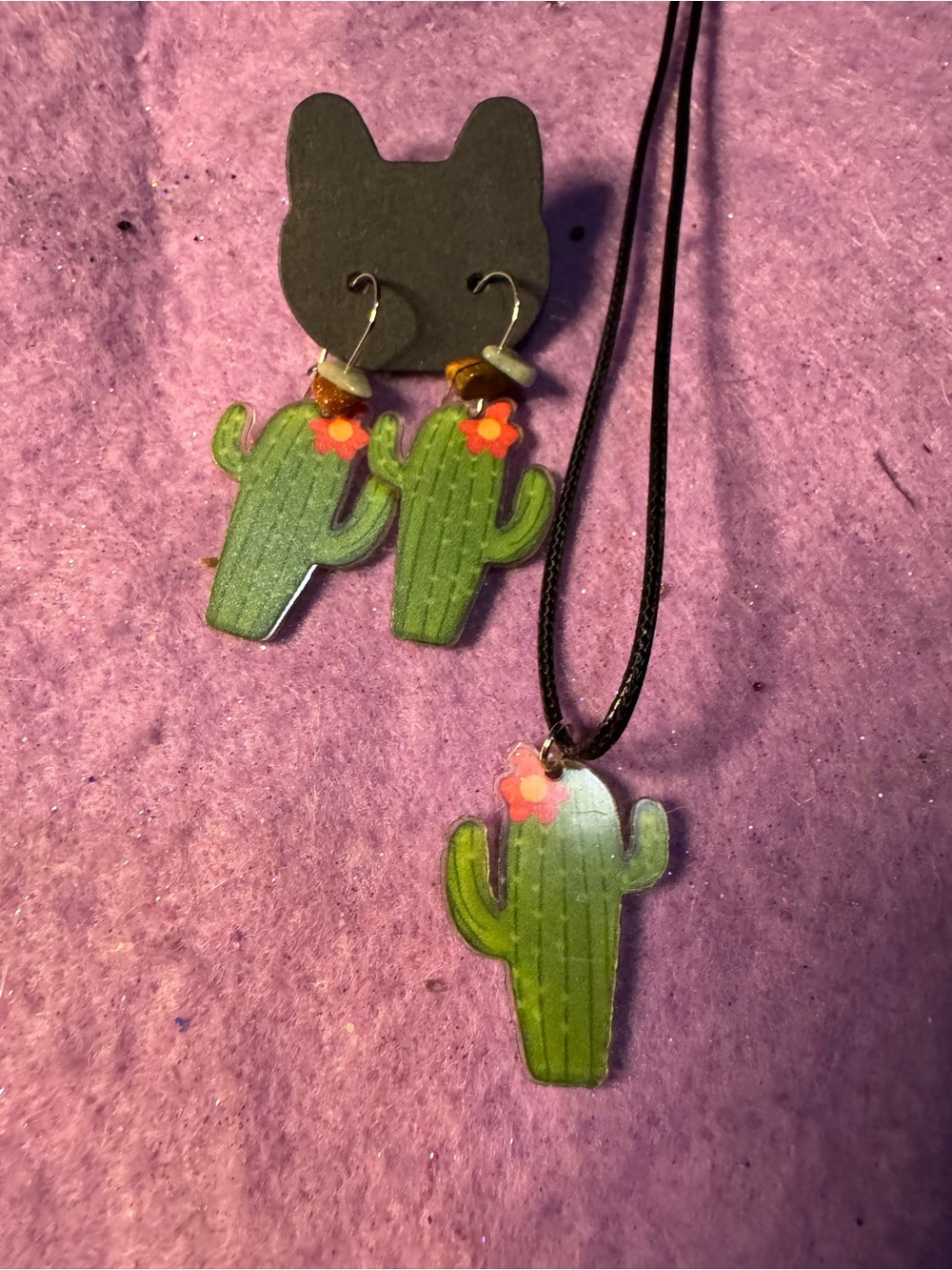 Cactus Pendant Necklace & Matching Earrings Set - Green with Pink Flower